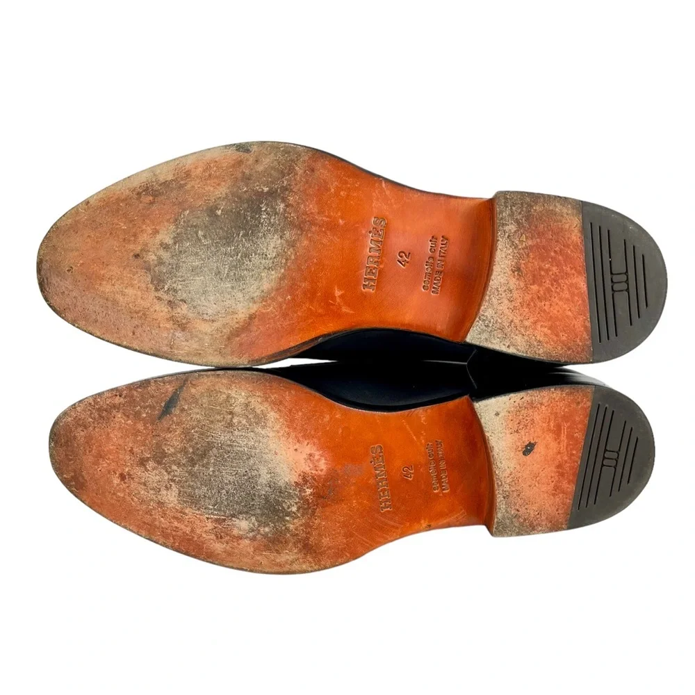 Hermès Men’s 42 Double Monk Strap Black Calfskin Dress Shoes Silver‎ Buckles